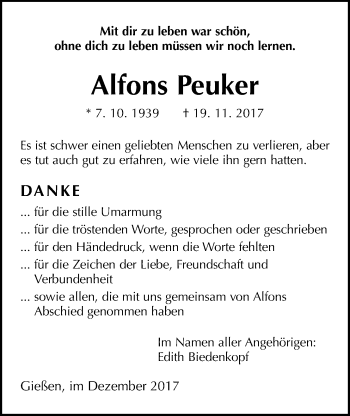 Traueranzeige von Alfons Peuker von Giessener Allgemeine, Alsfelder Allgemeine