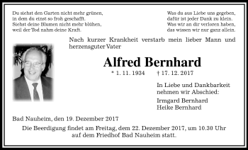 Traueranzeige von Alfred Bernhard von Wetterauer Zeitung, Wetterauer Zeitung