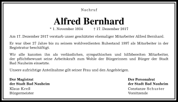 Traueranzeige von Alfred Bernhard von Wetterauer Zeitung, Wetterauer Zeitung