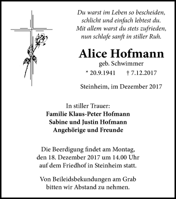 Traueranzeige von Alice Hofmann von Licher Wochenblatt, Licher Wochenblatt, Licher Wochenblatt