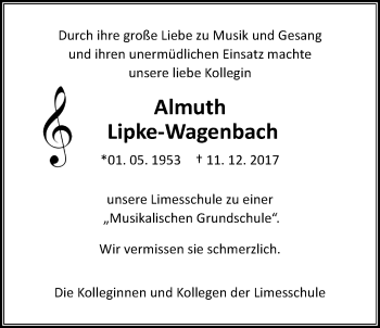Traueranzeige von Almuth Lipke-Wagenbach von Giessener Allgemeine, Alsfelder Allgemeine