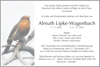 Traueranzeige von Almuth Lipke-Wagenbach von Giessener Allgemeine, Alsfelder Allgemeine