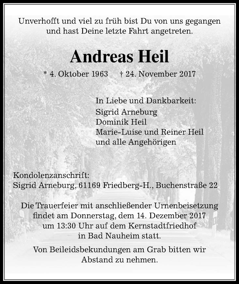  Traueranzeige für Andreas Heil vom 09.12.2017 aus Wetterauer Zeitung, Wetterauer Zeitung