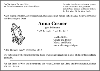 Traueranzeige von Anna Cosner von Giessener Allgemeine, Alsfelder Allgemeine