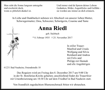 Traueranzeige von Anna Riedl von Wetterauer Zeitung, Wetterauer Zeitung