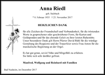 Traueranzeige von Anna Riedl von Wetterauer Zeitung, Wetterauer Zeitung