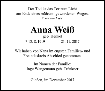 Traueranzeige von Anna Weiß von Giessener Allgemeine, Alsfelder Allgemeine