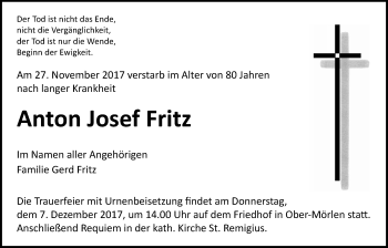 Traueranzeige von Anton Josef Fritz von Wetterauer Zeitung, Wetterauer Zeitung