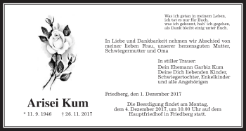 Traueranzeige von Arisei Kum von Wetterauer Zeitung, Wetterauer Zeitung