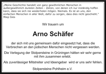 Traueranzeige von Arno Schäfer von Giessener Allgemeine, Alsfelder Allgemeine