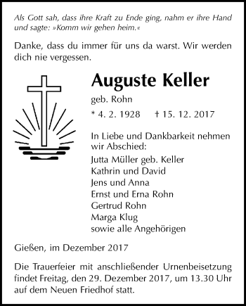 Traueranzeige von Auguste Keller von Giessener Allgemeine, Alsfelder Allgemeine