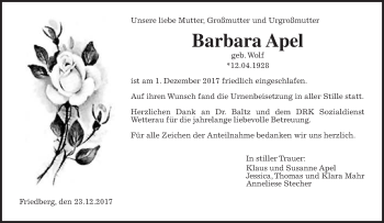 Traueranzeige von Barbara Apel von Wetterauer Zeitung, Wetterauer Zeitung