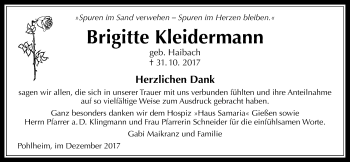Traueranzeige von Brigitte Kleidermann von Giessener Allgemeine, Alsfelder Allgemeine