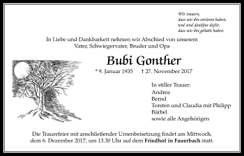 Traueranzeige von Bubi Gonther von Wetterauer Zeitung, Wetterauer Zeitung