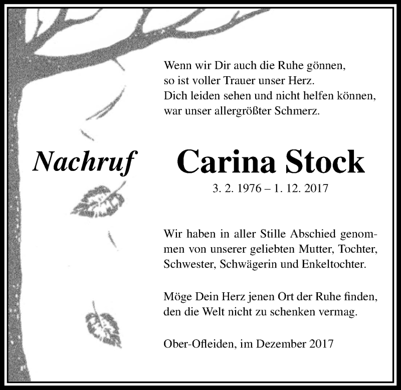  Traueranzeige für Carina Stock vom 23.12.2017 aus Giessener Allgemeine, Alsfelder Allgemeine