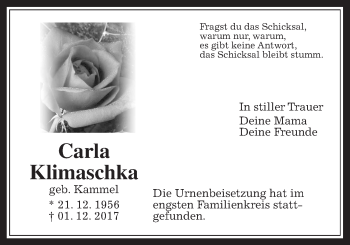 Traueranzeige von Carla Klimaschka von Wetterauer Zeitung, Wetterauer Zeitung
