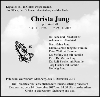 Traueranzeige von Christa Jung von Giessener Allgemeine, Alsfelder Allgemeine