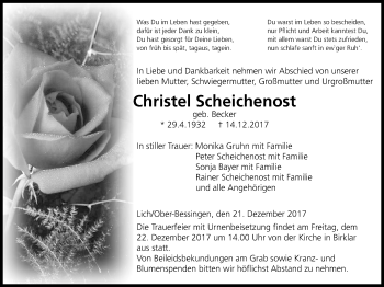 Traueranzeige von Christel Scheichenost von Licher Wochenblatt, Licher Wochenblatt, Licher Wochenblatt
