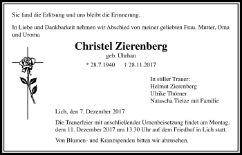 Traueranzeige von Christel Zierenberg von Licher Wochenblatt, Licher Wochenblatt, Licher Wochenblatt