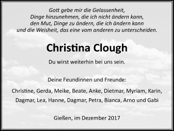 Traueranzeige von Christina Clough von Giessener Allgemeine, Alsfelder Allgemeine
