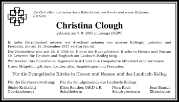 Traueranzeige von Christina Clough von Giessener Allgemeine, Alsfelder Allgemeine
