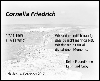 Traueranzeige von Cornelia Friedrich von Licher Wochenblatt, Licher Wochenblatt, Licher Wochenblatt