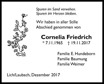 Traueranzeige von Cornelia Friedrich von Licher Wochenblatt, Licher Wochenblatt, Licher Wochenblatt