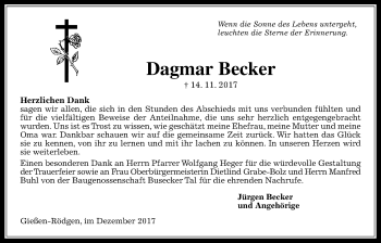 Traueranzeige von Dagmar Becker von Giessener Allgemeine, Alsfelder Allgemeine