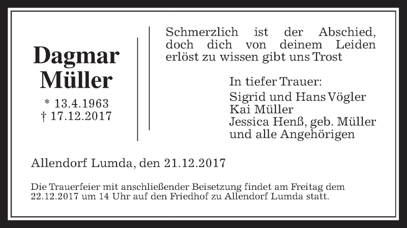  Traueranzeige für Dagmar Müller vom 21.12.2017 aus Giessener Allgemeine, Alsfelder Allgemeine
