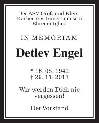 Traueranzeige von Detlev Engel von Wetterauer Zeitung, Wetterauer Zeitung