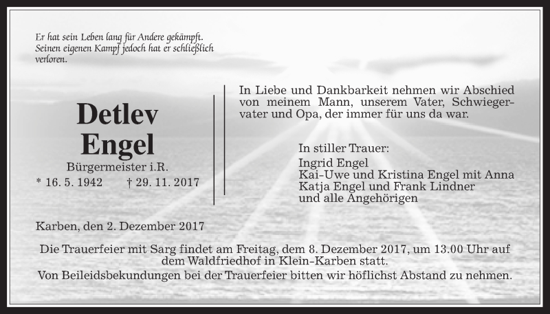  Traueranzeige für Detlev Engel vom 02.12.2017 aus Wetterauer Zeitung, Wetterauer Zeitung