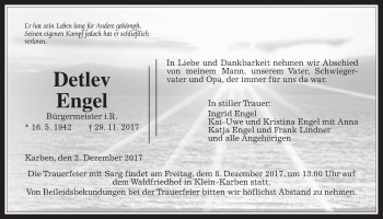 Traueranzeige von Detlev Engel von Wetterauer Zeitung, Wetterauer Zeitung