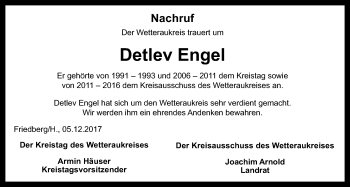 Traueranzeige von Detlev Engel von Wetterauer Zeitung, Wetterauer Zeitung