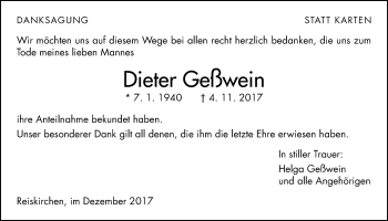 Traueranzeige von Dieter Geßwein von Giessener Allgemeine, Alsfelder Allgemeine