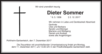 Traueranzeige von Dieter Sommer von Giessener Allgemeine, Alsfelder Allgemeine