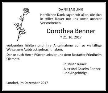 Traueranzeige von Dorothea Benner von Rabenauer Zeitung
