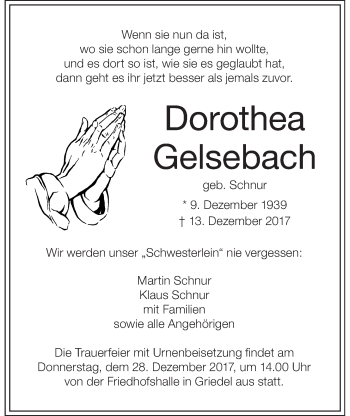 Traueranzeige von Dorothea Gelsebach von Wetterauer Zeitung, Wetterauer Zeitung