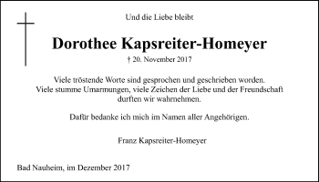 Traueranzeige von Dorothee Kapsreiter-Homeyer von Wetterauer Zeitung, Wetterauer Zeitung