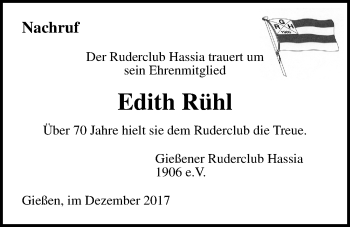 Traueranzeige von Edith Rühl von Giessener Allgemeine, Alsfelder Allgemeine