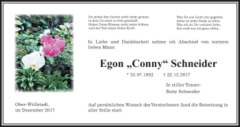 Traueranzeige von Egon Schneider von Wetterauer Zeitung, Wetterauer Zeitung