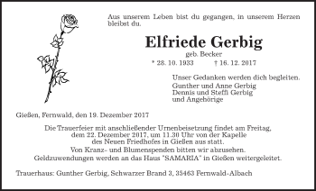 Traueranzeige von Elfriede Gerbig von Giessener Allgemeine, Alsfelder Allgemeine