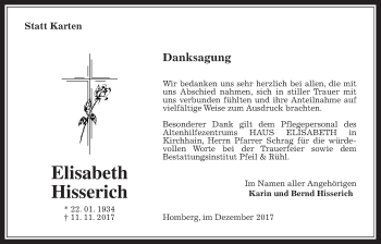 Traueranzeige von Elisabeth Hisserich von Alsfelder Allgemeine