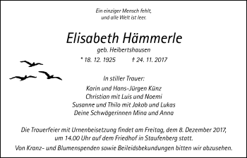 Traueranzeige von Elisabeth Hämmerle von Giessener Allgemeine, Alsfelder Allgemeine