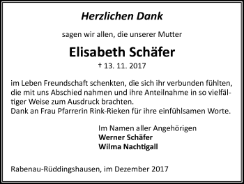 Traueranzeige von Elisabeth Schäfer von Giessener Allgemeine, Alsfelder Allgemeine