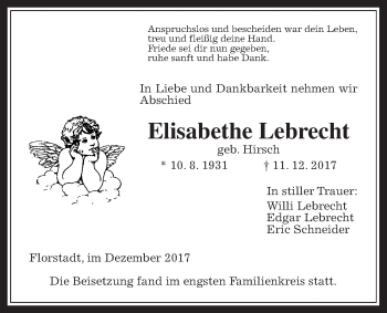 Traueranzeige von Elisabethe Lebrecht von Wetterauer Zeitung, Wetterauer Zeitung