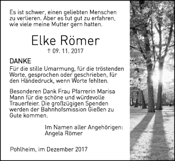 Traueranzeige von Elke Römer von Giessener Allgemeine, Alsfelder Allgemeine, Pohlheimer Nachrichten