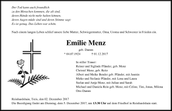 Traueranzeige von Emilie Menz von Giessener Allgemeine, Alsfelder Allgemeine