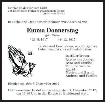 Traueranzeige von Emma Donnerstag von Alsfelder Allgemeine