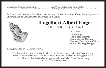 Traueranzeige von Engelbert Albert Engel von Giessener Allgemeine, Alsfelder Allgemeine