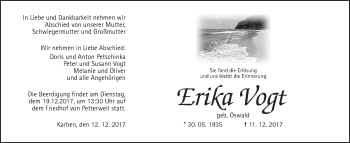 Traueranzeige von Erika Vogt von Wetterauer Zeitung, Wetterauer Zeitung